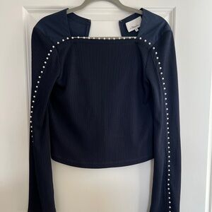 3.1 Phillip Lim Navy Long Sleeve Top with Pearl Accents